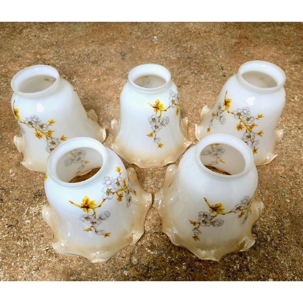 Vintage White and Amber Glass Light Ruffled Shade Hand Painted Dogwwod Patern